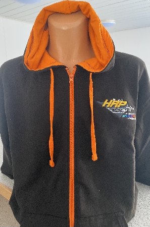HRP embroidered black zipper hooded top with orange toggles and hood lining